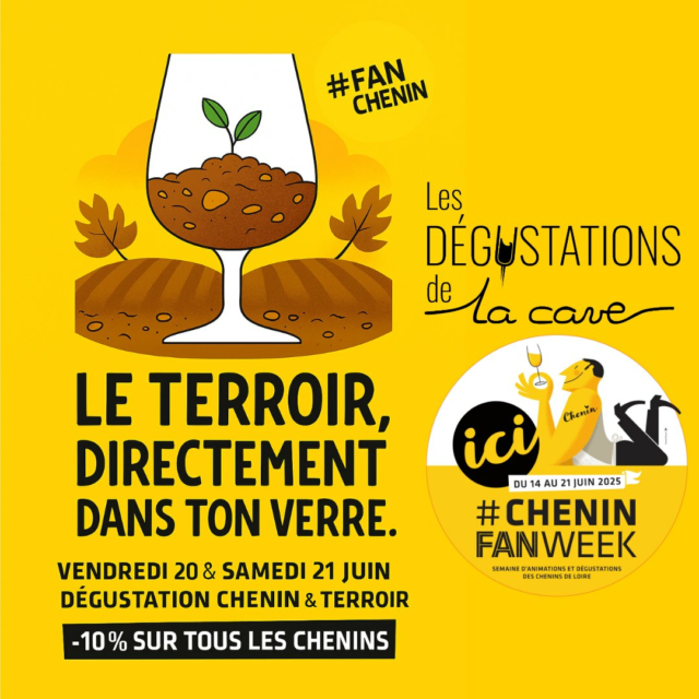 🌿 Chenin : miroir du terroir
𝐕𝐞𝐧𝐝𝐫𝐞𝐝𝐢 𝟐𝟏 & 𝐬𝐚𝐦𝐞𝐝𝐢 𝟐𝟐 𝐣𝐮𝐢𝐧 – Dégustation à La Cave

Ce week-end, on met un cépage à l’honneur :
𝐥𝐞 𝐂𝐡'𝐧𝐢𝐧, 𝐩𝐮𝐫, 𝐟𝐫𝐚𝐧𝐜, 𝐬𝐚𝐧𝐬 𝐦𝐚𝐪𝐮𝐢𝐥𝐥𝐚𝐠𝐞.

🍇 Sec, demi-sec, moelleux, effervescent…
Un seul cépage, mille façons d’exprimer la terre, le climat, la main du vigneron.

Venez goûter. Comparer. Comprendre.
👉 2 jours de dégustation, entrée libre
👉 10% de remise sur tous les Chenins de la Cave

#fandechenin #cheninfanweek #terroir #vinsdeterroir #caviste #cholet #choletmaville