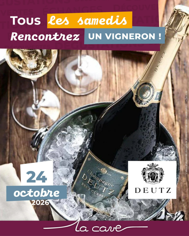 📅 𝗦𝗮𝗺𝗲𝗱𝗶 𝟮𝟰 𝗼𝗰𝘁𝗼𝗯𝗿𝗲 – @champagnedeutz 🥂

Ce samedi, on sort les coupes ! 🍾 𝗟𝗮 𝗠𝗮𝗶𝘀𝗼𝗻 𝗗𝗲𝘂𝘁𝘇, maison emblématique de la Champagne, s'invite à La Cave pour vous faire découvrir ses cuvées.

Installée à Aÿ, Deutz révèle tout le caractère de ce terroir classé 𝗚𝗿𝗮𝗻𝗱 𝗖𝗿𝘂, à travers des champagnes qui allient finesse, fraîcheur et élégance.

Découvrez l'univers de la maison et ses différentes cuvées, pour partager un moment privilégié autour de champagnes d'exception 

🍷 Dégustation gratuite
📍 4 Rue Roger Hostein à Cholet
🕙 De 10h à 19h, en continu

Profitez de 𝟭𝟬 % 𝗱𝗲 𝗿𝗲𝗺𝗶𝘀𝗲 sur les champagnes Deutz présentés ce jour-là ! 🎁
